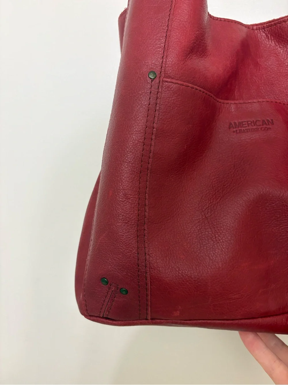American Leather Co Red Pebble Leather Hobo Shopper Tote Bag Slouchy Studs